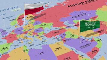 Polonia y ksa, Reino de saudi arabia bandera ondulación con el mundo mapa, sin costura lazo en viento, 3d representación video