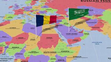 Chad y ksa, Reino de saudi arabia bandera ondulación con el mundo mapa, sin costura lazo en viento, 3d representación video