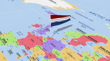 Netherlands Flag Waving in Wind, World Map Rotating around Flag, Seamless Loop, 3D Rendering video