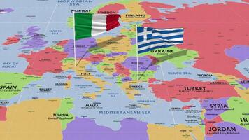 Grèce et Italie drapeau agitant avec le monde carte, sans couture boucle dans vent, 3d le rendu video