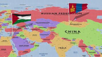 Palestina y Mongolia bandera ondulación con el mundo mapa, sin costura lazo en viento, 3d representación video