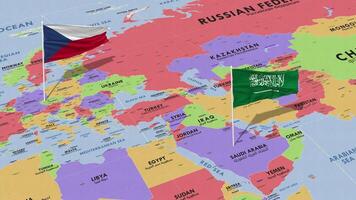 checo república y ksa, Reino de saudi arabia bandera ondulación con el mundo mapa, sin costura lazo en viento, 3d representación video