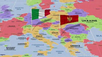 montenegro e Italia bandiera agitando con il mondo carta geografica, senza soluzione di continuità ciclo continuo nel vento, 3d interpretazione video