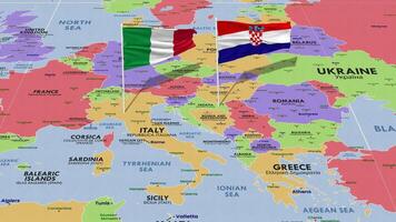 Croacia y Italia bandera ondulación con el mundo mapa, sin costura lazo en viento, 3d representación video