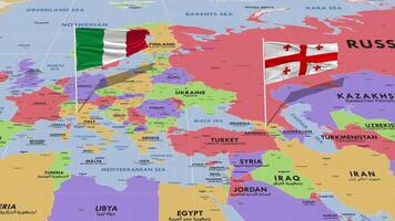 Georgia y Italia bandera ondulación con el mundo mapa, sin costura lazo en viento, 3d representación video