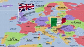 United Kingdom and Italy Flag Waving with The World Map, Seamless Loop in Wind, 3D Rendering video