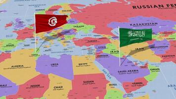 Tunisie et ksa, Royaume de saoudien Saoudite drapeau agitant avec le monde carte, sans couture boucle dans vent, 3d le rendu video