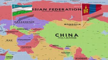 Ouzbékistan et Mongolie drapeau agitant avec le monde carte, sans couture boucle dans vent, 3d le rendu video