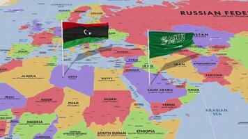 Libia y ksa, Reino de saudi arabia bandera ondulación con el mundo mapa, sin costura lazo en viento, 3d representación video