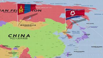 Nord Corée et Mongolie drapeau agitant avec le monde carte, sans couture boucle dans vent, 3d le rendu video