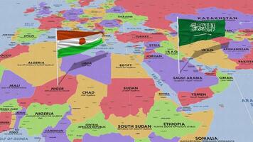 Níger e ksa, reino do saudita arábia bandeira acenando com a mundo mapa, desatado ciclo dentro vento, 3d Renderização video