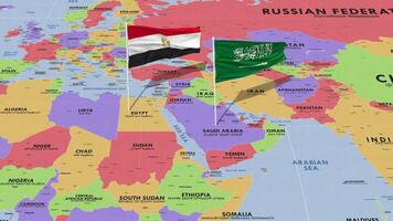 egypten och ksa, rike av saudi arabien flagga vinka med de värld Karta, sömlös slinga i vind, 3d tolkning video