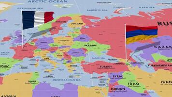 France and Armenia Flag Waving with The World Map, Seamless Loop in Wind, 3D Rendering video