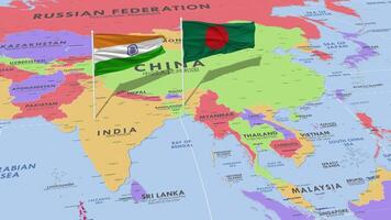 India e bangladesh bandiera agitando con il mondo carta geografica, senza soluzione di continuità ciclo continuo nel vento, 3d interpretazione video
