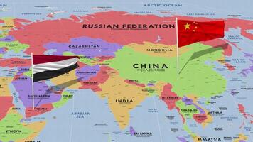 Yemen and China Flag Waving with The World Map, Seamless Loop in Wind, 3D Rendering video