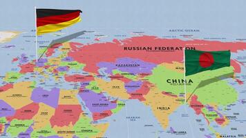 Alemania y Bangladesh bandera ondulación con el mundo mapa, sin costura lazo en viento, 3d representación video