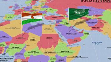 Níger e ksa, reino do saudita arábia bandeira acenando com a mundo mapa, desatado ciclo dentro vento, 3d Renderização video