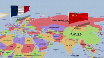 Francia y China bandera ondulación con el mundo mapa, sin costura lazo en viento, 3d representación video