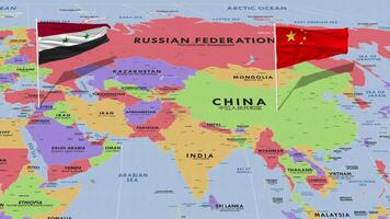 Siria e Cina bandiera agitando con il mondo carta geografica, senza soluzione di continuità ciclo continuo nel vento, 3d interpretazione video