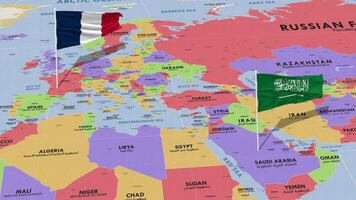 France et ksa, Royaume de saoudien Saoudite drapeau agitant avec le monde carte, sans couture boucle dans vent, 3d le rendu video