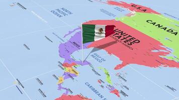 Mexico Flag Waving in Wind, World Map Rotating around Flag, Seamless Loop, 3D Rendering video