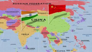 Inde et Chine drapeau agitant avec le monde carte, sans couture boucle dans vent, 3d le rendu video