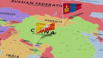 Mongólia e Butão bandeira acenando com a mundo mapa, desatado ciclo dentro vento, 3d Renderização video