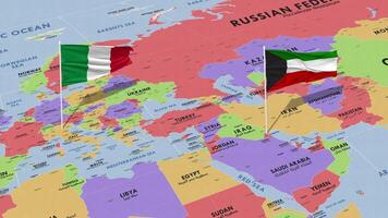 Kuwait and Italy Flag Waving with The World Map, Seamless Loop in Wind, 3D Rendering video
