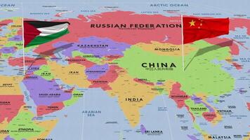 Palestine and China Flag Waving with The World Map, Seamless Loop in Wind, 3D Rendering video