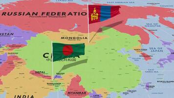 Mongolia e bangladesh bandiera agitando con il mondo carta geografica, senza soluzione di continuità ciclo continuo nel vento, 3d interpretazione video