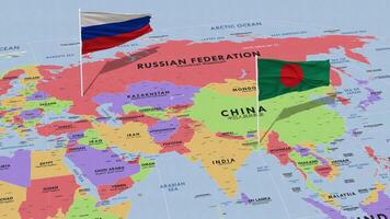 Russie et bangladesh drapeau agitant avec le monde carte, sans couture boucle dans vent, 3d le rendu video