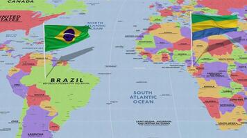 Gabão e Brasil bandeira acenando com a mundo mapa, desatado ciclo dentro vento, 3d Renderização video