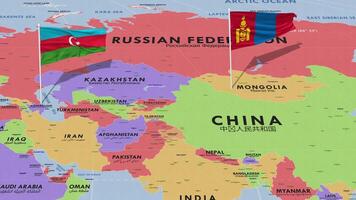 Mongolia y azerbaiyán bandera ondulación con el mundo mapa, sin costura lazo en viento, 3d representación video