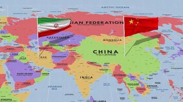 Iran and China Flag Waving with The World Map, Seamless Loop in Wind, 3D Rendering video