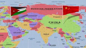 Jordan and China Flag Waving with The World Map, Seamless Loop in Wind, 3D Rendering video