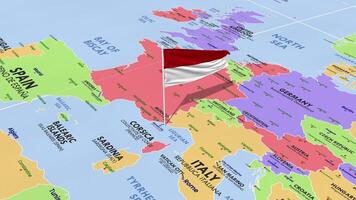 Mônaco bandeira acenando dentro vento, mundo mapa rotativo por aí bandeira, desatado laço, 3d Renderização video