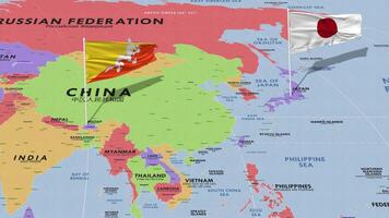 Japón y Bután bandera ondulación con el mundo mapa, sin costura lazo en viento, 3d representación video