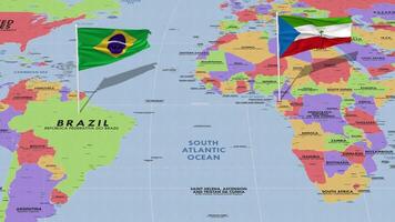 ecuatorial Guinea y Brasil bandera ondulación con el mundo mapa, sin costura lazo en viento, 3d representación video