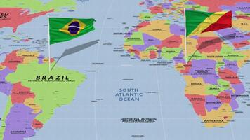 congo y Brasil bandera ondulación con el mundo mapa, sin costura lazo en viento, 3d representación video