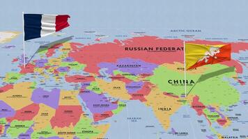 France and Bhutan Flag Waving with The World Map, Seamless Loop in Wind, 3D Rendering video