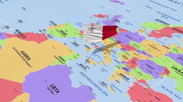 Malta Flag Waving in Wind, World Map Rotating around Flag, Seamless Loop, 3D Rendering video