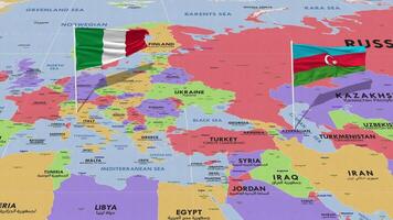 Italia e azerbaijan bandiera agitando con il mondo carta geografica, senza soluzione di continuità ciclo continuo nel vento, 3d interpretazione video