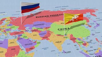 Rusia y Bután bandera ondulación con el mundo mapa, sin costura lazo en viento, 3d representación video