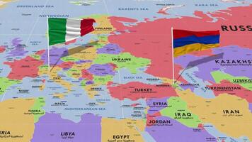 Armenia y Italia bandera ondulación con el mundo mapa, sin costura lazo en viento, 3d representación video