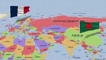 Frankrijk en Bangladesh vlag golvend met de wereld kaart, naadloos lus in wind, 3d renderen video