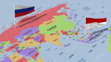 Indonesia and Russia Flag Waving with The World Map, Seamless Loop in Wind, 3D Rendering video