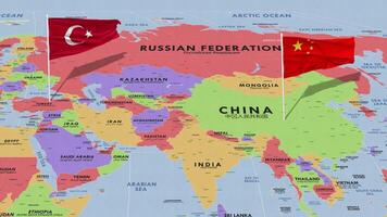 Turquía y China bandera ondulación con el mundo mapa, sin costura lazo en viento, 3d representación video