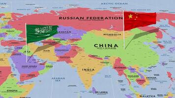 KSA, Kingdom of Saudi Arabia and China Flag Waving with The World Map, Seamless Loop in Wind, 3D Rendering video