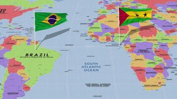 sao a mi y principe y Brasil bandera ondulación con el mundo mapa, sin costura lazo en viento, 3d representación video