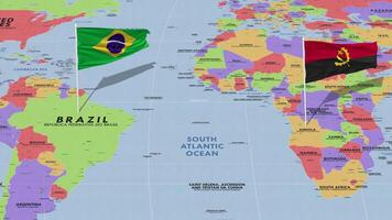 angola y Brasil bandera ondulación con el mundo mapa, sin costura lazo en viento, 3d representación video